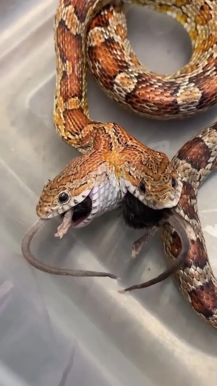 فیلم صحنه عجیب غذا خوردن همزمان مار دوسر