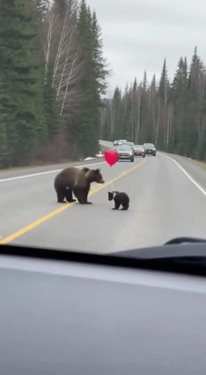فیلم توله خرس قهوه ای در حال بازیگوشی با بادکنک در جاده جنگلی