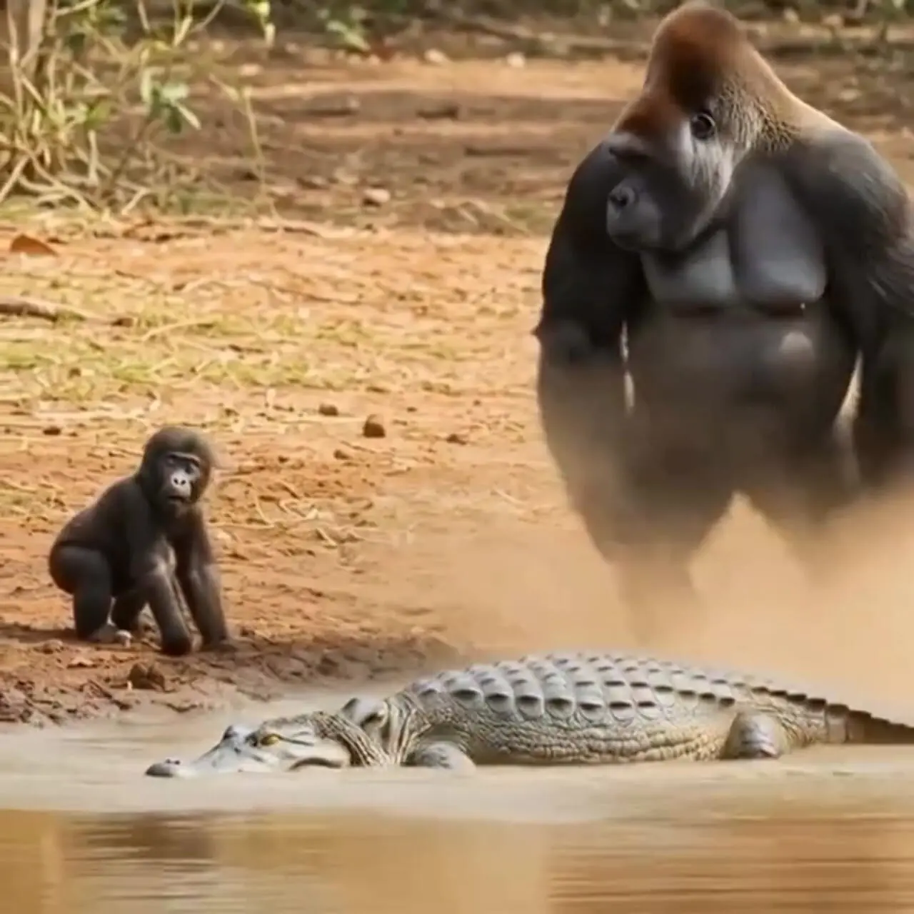فیلم حمله تمساح به بچه گوریل ساخته‌شده با هوش مصنوعی