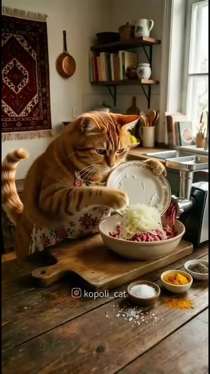 مراحل درست کردن کباب کوبیده توسط گربه آشپز 